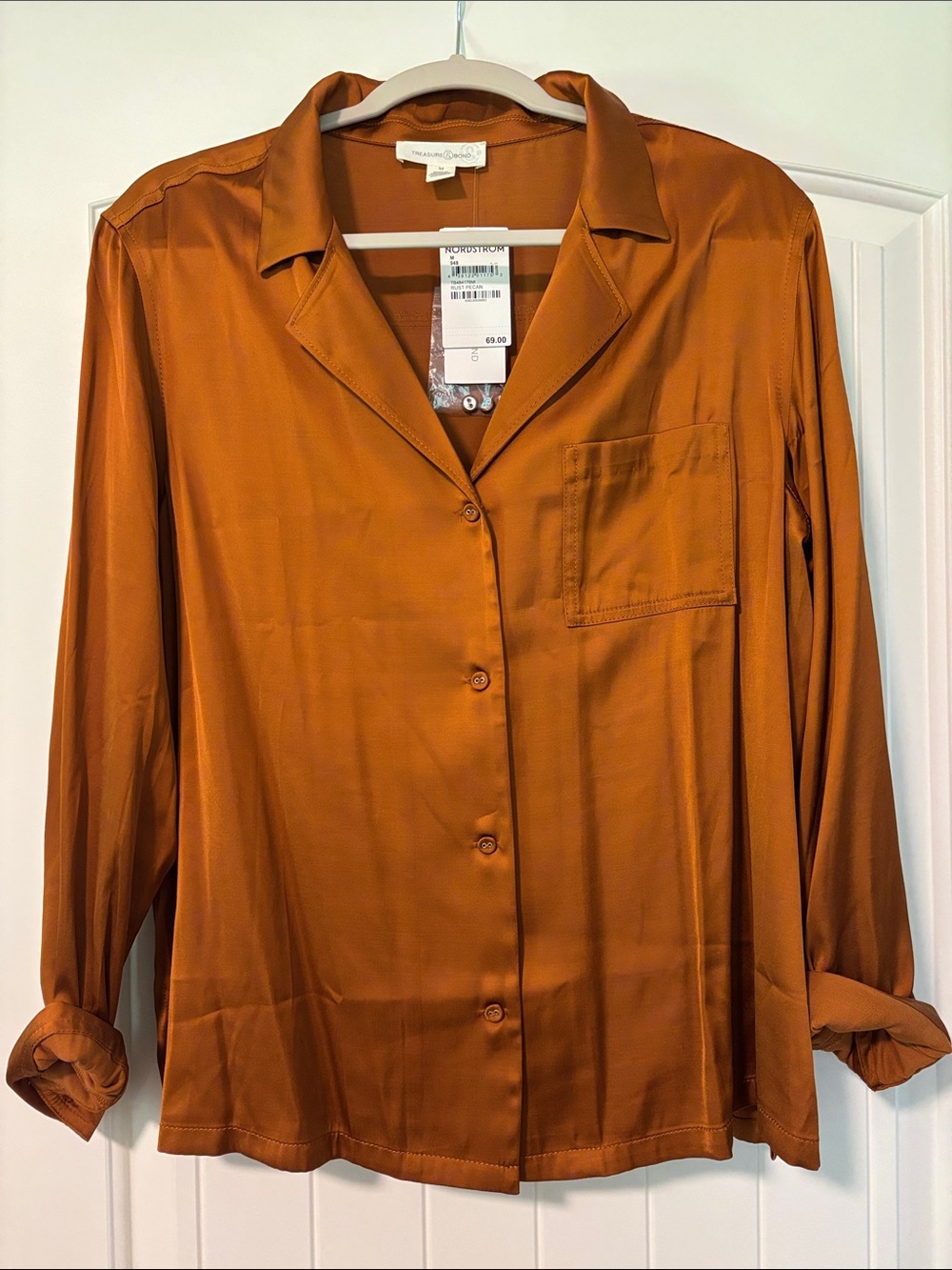 Treasure & Bond Rust Pecan Satin Button-Down Shirt